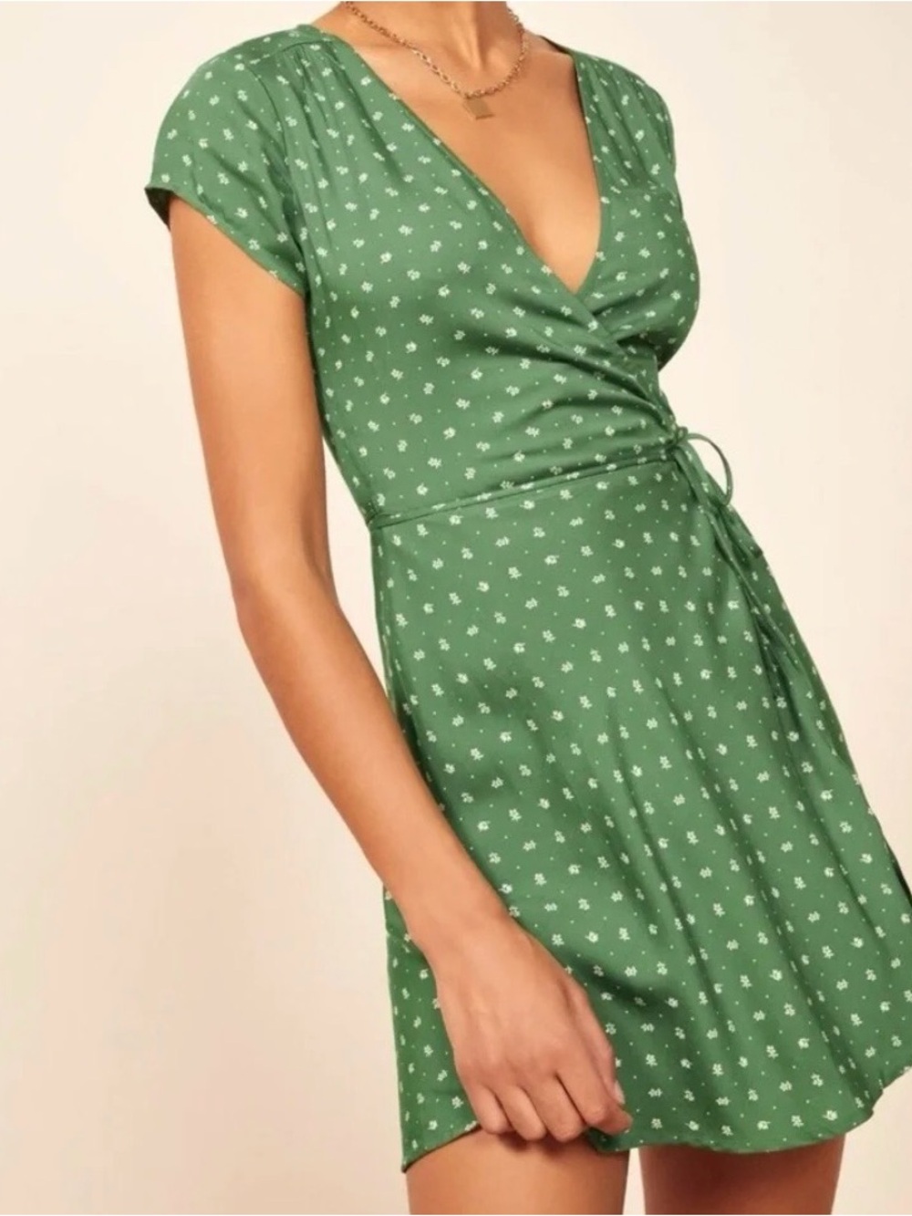 Reformation Port Wrap Mini Dress-Green Floral Print-Size Small - Picture 2 of 3